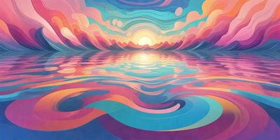 The primary subject of the image is a beautiful sunset over a body of water. The setting is a serene lake with a mountainous background. The visual style is a combination of digital art and illustration, creating a vibrant and colorful scene. The dominant colors are shades of pink, blue, and orange, which evoke a sense of warmth and tranquility.