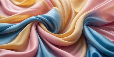 The primary subject of the image is a piece of fabric, which is the main object, scene, or focus of the image. The setting/background features a colorful, swirling pattern of pink, blue, and yellow hues, creating a vibrant and lively atmosphere. The visual style of the image is a close-up of the fabric, showcasing its intricate design and texture. The colors and mood of the image are predominantly warm and cheerful, with the pink, blue, and