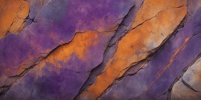 The primary subject of the image is a large, purple rock with a yellow stripe. The setting is a rocky surface, and the visual style appears to be a combination of photo and digital art. The dominant colors are purple and yellow, creating a striking contrast between the two. The overall atmosphere of the image is dramatic and captivating.