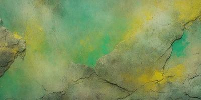 The primary subject of the image is a painting of a mountain with a green sky. The setting is a rocky surface, and the visual style is a painting. The dominant colors are green and yellow, creating a vibrant and lively atmosphere.