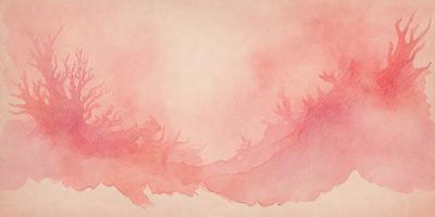The primary subject of the image is a painting of a pink ocean with a red sky. The setting is a pink background, and the visual style is a watercolor painting. The dominant colors are pink and red, creating a warm and vibrant atmosphere.