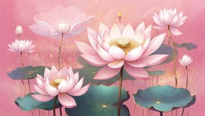 The primary subject of the image is a group of pink flowers, specifically water lilies, with gold centers. The flowers are arranged in a pink and white color scheme, creating a serene and calming atmosphere. The setting is a pink background, which complements the flowers and adds to the overall visual style. The image is a digital art illustration, showcasing the artist's skill in creating a beautiful and realistic representation of the flowers.
