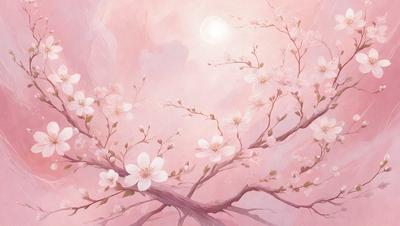 The primary subject of the image is a tree filled with white flowers. The tree is located in a pink sky, which adds a warm and serene atmosphere to the scene. The visual style of the image is a painting, which showcases the artist's skill in capturing the beauty of the tree and its flowers. The colors and mood of the painting are predominantly pink, creating a sense of tranquility and natural beauty.