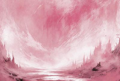 The primary subject of the image is a pink sky with a castle in the background. The setting is a pink and white landscape, which gives the scene a surreal and dreamy atmosphere. The visual style is a combination of digital art and illustration, creating a unique and artistic representation of the scene. The dominant colors are pink and white, which contribute to the overall mood of the image.
