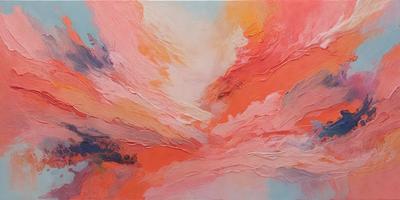 The primary subject of the image is a painting featuring a vibrant pink background with a mix of orange and blue colors. The painting appears to be a digital art piece, showcasing a unique visual style. The setting is a canvas, and the colors and mood convey a sense of warmth and creativity.