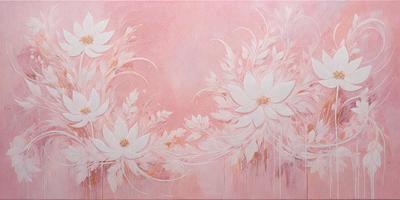 The primary subject of the image is a painting featuring white flowers with yellow centers. The flowers are arranged in a pattern, creating a visually appealing and artistic scene. The setting is a pink background, which complements the white flowers and adds to the overall mood of the painting. The visual style of the painting is a combination of digital art and illustration, showcasing the artist's skill in creating a realistic and aesthetically pleasing image. The colors and mood of the painting are predomin