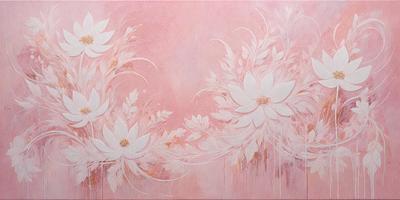 The primary subject of the image is a painting featuring a pink background and white flowers. The flowers are arranged in a pattern, creating a visually appealing and artistic scene. The setting appears to be a canvas or a wall, and the visual style is that of a painting, which gives the image a unique and creative atmosphere. The dominant colors in the painting are pink and white, which contribute to a warm and inviting mood.