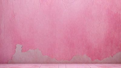 The primary subject of the image is a pink wall with a peeling paint texture. The setting is a room with a wooden floor. The visual style is a close-up of the wall, showcasing the peeling paint. The dominant colors are pink and red, creating a warm and inviting atmosphere.