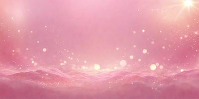 The primary subject of the image is a pink ocean with a sunset in the background. The setting is a pink sky, and the visual style is a digital art or illustration. The colors and mood of the image are predominantly pink, creating a warm and serene atmosphere.