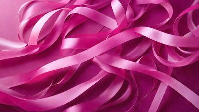 The primary subject of the image is a large pink ribbon. The ribbon is wavy and appears to be made of fabric. The setting is a pink background, which complements the color of the ribbon. The visual style is a close-up of the ribbon, showcasing its texture and details. The dominant colors are pink, which creates a warm and inviting atmosphere.