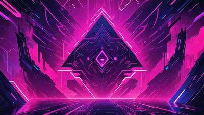 The primary subject of the image is a pink geometric shape, which appears to be a triangle or a pyramid. The setting is a futuristic environment, with a pink background and a blue triangle. The visual style is digital art, as the image is a digital illustration. The dominant colors are pink and blue, creating a vibrant and futuristic atmosphere.