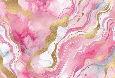 The primary subject of the image is a painting featuring a pink and gold color scheme. The painting is set against a white background, creating a striking contrast. The visual style of the painting is a combination of digital art and illustration, giving it a unique and artistic appearance. The dominant colors in the painting are pink and gold, creating a warm and inviting atmosphere.