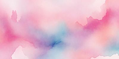 The primary subject of the image is a cloudy sky with a pinkish hue. The setting is a cloudy sky, and the visual style is a watercolor painting. The colors and mood of the image are predominantly pink and soft, creating a serene and calming atmosphere.
