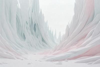 The primary subject of the image is a large, white, and pink mountain. The mountain is covered in a variety of textures and patterns, giving it a unique and intricate appearance. The setting is a snowy landscape, with the mountain towering over the surrounding area. The visual style of the image is a combination of digital art and illustration, creating a stunning and detailed representation of the mountain. The colors and mood of the image are predominantly white and pink, giving it a serene and peaceful atmosphere