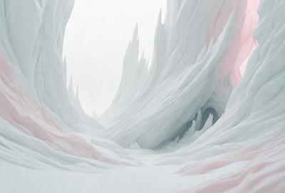 The primary subject of the image is a large, white, and pink mountain. The mountain is covered in snow and ice, giving it a majestic and serene appearance. The setting is a snowy landscape, with the mountain towering over the surrounding area. The visual style of the image is a combination of photo and digital art, creating a realistic yet artistic representation of the mountain. The dominant colors in the image are white and pink, which give the mountain a unique and striking appearance.