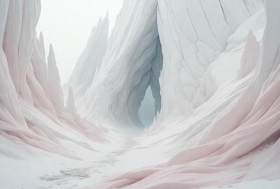 The primary subject of the image is a large, white, and pink mountain with a cave-like structure. The setting is a snowy mountain landscape, and the visual style appears to be a combination of photo and digital art. The dominant colors are white and pink, creating a serene and majestic atmosphere.