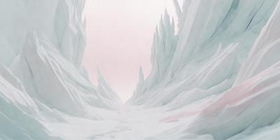 The image is a digital art piece featuring a snowy landscape with a pathway leading through a mountain range. The primary subject is the pathway, which is surrounded by a white, snowy environment. The setting includes a mountainous background with a variety of ice formations and textures. The visual style is a combination of digital art and illustration, creating a unique and captivating scene. The colors and mood of the image are predominantly white and cold, reflecting the wintry atmosphere of the snowy landscape.