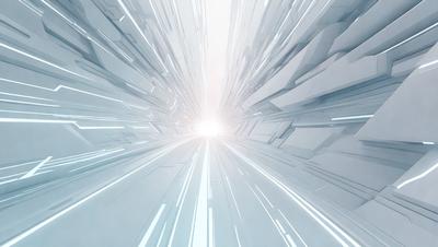The primary subject of the image is a futuristic cityscape, featuring a bright light shining through a tunnel-like structure. The setting is a white, futuristic environment, which gives the scene a clean and modern appearance. The visual style is a combination of digital art and illustration, creating a sense of depth and complexity in the image. The dominant colors are white and blue, which contribute to the overall mood of the scene, evoking a sense of calmness and tranquility.