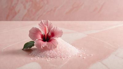 The primary subject of the image is a pink flower with a red center, sitting on a pink surface. The setting is a pink table, and the visual style is a photo. The dominant colors in the image are pink and red, creating a warm and inviting atmosphere.