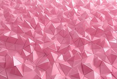 The primary subject of the image is a large pink surface covered with a pattern of small, triangular shapes. The setting appears to be a pink background, and the visual style is a combination of photo and digital art. The dominant colors are pink and white, creating a warm and inviting atmosphere.