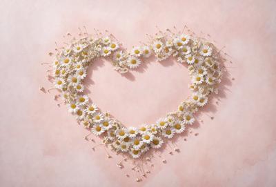 The primary subject of the image is a heart-shaped arrangement of white flowers. The heart is made up of numerous white flowers, creating a visually appealing and romantic display. The setting is a pink background, which adds a warm and inviting tone to the scene. The visual style of the image is a combination of photo and digital art, as it appears to be a carefully crafted composition of flowers. The colors and mood of the image are predominantly white and pink, evoking feelings of love, warm