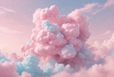 The primary subject of the image is a large, pink, and blue cloud. The cloud is floating in a pink and blue sky, creating a vibrant and colorful scene. The visual style of the image is a combination of photo and digital art, as it appears to be a photo of a digital art piece. The colors and mood of the image are lively and cheerful, with the pink and blue hues evoking a sense of happiness and warmth.