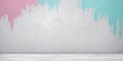 The primary subject of the image is a white wall with a pink and blue paint splattered on it. The setting is a room with a white floor, and the visual style is a photo. The colors and mood of the image are predominantly white, with the pink and blue paint adding a touch of vibrancy to the scene.
