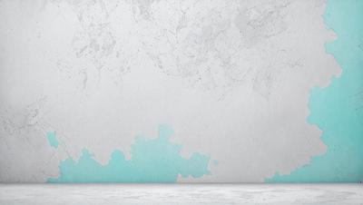 The primary subject of the image is a wall with a peeling paint effect. The setting is a room with a white surface, and the visual style is a photo. The dominant colors are blue and white, creating a calm and serene atmosphere.