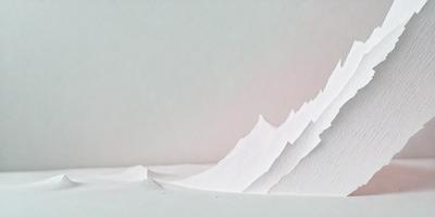 The primary subject of the image is a white paper cutout of a mountain. The paper is folded and cut to resemble a mountain landscape. The setting is a white background, which provides a clean and minimalistic appearance. The visual style is a combination of paper art and digital manipulation, creating a unique and artistic representation of the mountain. The colors and mood of the image are predominantly white, giving it a clean and serene atmosphere.