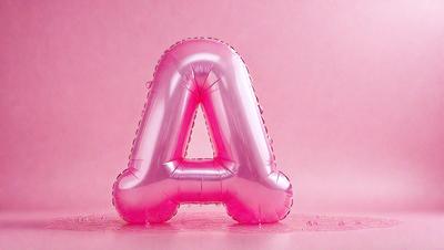 The primary subject of the image is a large, inflatable pink letter A. The setting is a pink background, which complements the vibrant color of the balloon. The visual style is a close-up of the letter A, showcasing its unique design. The colors and mood of the image are predominantly pink, creating a cheerful and playful atmosphere.