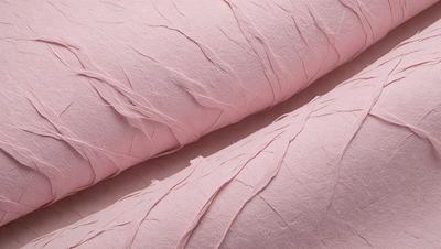 The primary subject of the image is a piece of pink fabric. The setting is a table, and the visual style is a close-up of the fabric. The colors and mood of the image are predominantly pink, creating a soft and delicate atmosphere.