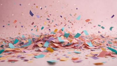 The primary subject of the image is a pile of confetti, which is scattered across a pink surface. The confetti is predominantly colored in shades of pink, purple, and yellow. The setting appears to be a celebration or a festive event, as the confetti is falling and creating a visually appealing scene. The visual style of the image is a combination of photo and digital art, as the confetti appears to be falling in a controlled manner, while the pink surface adds a touch of