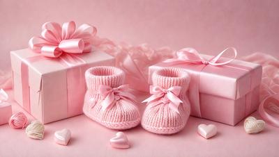 The primary subject of the image is a pair of baby shoes, which are pink and knitted. The setting is a pink background, and the visual style is a photo. The colors and mood of the image are predominantly pink, creating a warm and cozy atmosphere.