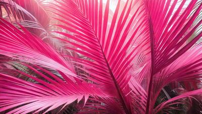 The primary subject of the image is a large pink palm tree with long, curved leaves. The tree is surrounded by a lush green forest, creating a vibrant and serene atmosphere. The visual style of the image is a combination of photo and digital art, with the pink hue of the palm tree standing out against the green background. The colors and mood of the image are predominantly pink and green, evoking a sense of warmth and tranquility.