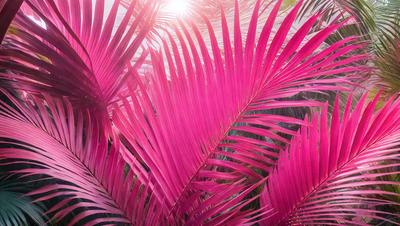 The primary subject of the image is a close-up of a pink palm tree. The setting is a tropical environment, with the palm tree being the main focus of the scene. The visual style is a photo, capturing the vibrant colors and details of the pink palm tree. The dominant colors in the image are pink and green, creating a warm and lively atmosphere.