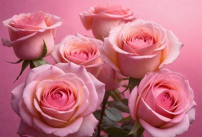 The primary subject of the image is a bouquet of pink roses. The setting is a pink background, which adds a warm and romantic atmosphere to the scene. The visual style is a close-up of the roses, showcasing their delicate petals and intricate details. The colors and mood of the image are predominantly pink, creating a sense of love and beauty.