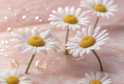 The primary subject of the image is a group of white flowers with yellow centers. They are placed on a marble surface, which serves as the setting and background. The visual style of the image is a photo, capturing the beauty of the flowers in their natural environment. The colors and mood of the image are predominantly white and yellow, creating a sense of freshness and warmth.