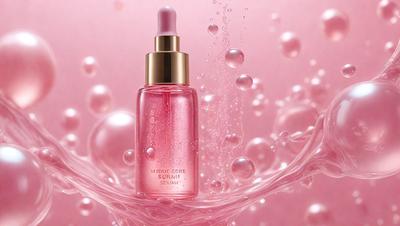 The primary subject of the image is a bottle of pink liquid, likely a skincare product, with a gold cap. The bottle is placed in a pink liquid, which could be water or another substance. The setting appears to be a pink background, which adds to the overall mood of the image. The visual style of the image is a close-up of the bottle, showcasing its details and the surrounding liquid. The colors and mood of the image are predominantly pink, creating