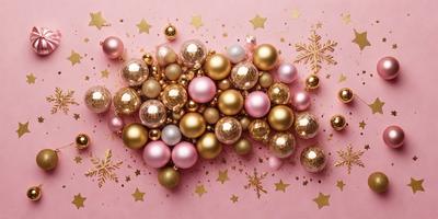 The primary subject of the image is a close-up of a pink background with a variety of gold and pink ornaments, including gold and pink beads, gold and pink balls, and gold and pink stars. The setting is a pink surface, and the visual style is a close-up of the ornaments. The colors and mood of the image are warm and festive, with the gold and pink ornaments creating a sense of celebration and joy.
