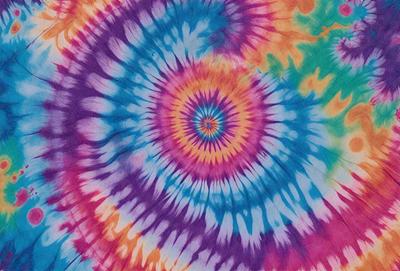 The primary subject of the image is a colorful, swirling, and spiraling pattern, which appears to be a tie-dye design. The setting is a colorful background, possibly a piece of clothing or a wallpaper. The visual style is a combination of a photo and a digital art, illustration, or drawing. The dominant colors are purple, blue, and orange, creating a vibrant and lively atmosphere.