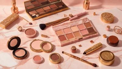 The primary subject of the image is a collection of makeup products, including a variety of eyeshadow palettes, brushes, and other makeup items. The setting is a table with a pink background, and the visual style is a close-up of the makeup products. The colors and mood of the image are predominantly pink, creating a warm and inviting atmosphere.