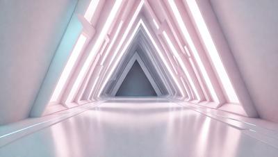 The primary subject of the image is a long, narrow hallway with a pink and white color scheme. The hallway is illuminated by a series of lights, creating a bright and inviting atmosphere. The setting is a modern, well-lit space, possibly a part of a building or a public area. The visual style of the image is a combination of photo and digital art, giving it a clean and contemporary appearance. The colors and mood of the image are predominantly pink and white, creating a warm and wel