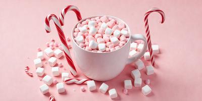 The primary subject of the image is a cup filled with marshmallows, which are pink and white in color. The cup is placed on a pink surface, creating a visually appealing contrast. The marshmallows are scattered around the cup, adding a playful and fun atmosphere to the scene. The overall mood of the image is cheerful and lighthearted, as it showcases a delightful and whimsical dessert.