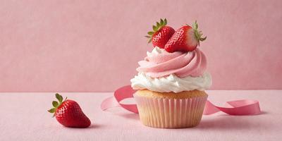 The primary subject of the image is a cupcake with strawberries on top. The cupcake is placed on a pink surface, which adds a touch of color to the scene. The visual style of the image is a close-up of the cupcake, showcasing its delicious appearance. The colors and mood of the image are predominantly pink, which gives the scene a warm and inviting atmosphere.