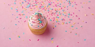 The primary subject of the image is a cupcake with pink frosting and sprinkles. The cupcake is placed on a pink surface, which adds a vibrant and cheerful touch to the scene. The visual style of the image is a close-up of the cupcake, showcasing its details and texture. The colors and mood of the image are predominantly pink, creating a warm and inviting atmosphere.