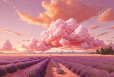 The primary subject of the image is a person walking through a field of purple flowers. The setting is a beautiful, sunny day with a pink cloud in the sky. The visual style is a digital art illustration, creating a vibrant and lively atmosphere. The colors and mood are predominantly purple and pink, giving the scene a serene and peaceful ambiance.