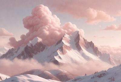 The primary subject of the image is a large mountain with a pink cloud hovering above it. The mountain is covered in snow, and the cloud appears to be a part of the mountain's landscape. The setting is a snowy mountain range, with the mountain being the main focus of the image. The visual style is a combination of photo and digital art, creating a unique and captivating scene. The colors and mood of the image are predominantly pink and white, giving it a serene and peaceful atmosphere.