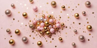The primary subject of the image is a collection of gold and pink balls, which are arranged on a pink surface. The setting appears to be a festive or celebratory environment, possibly for a special occasion. The visual style of the image is a combination of photo and digital art, creating a unique and eye-catching display. The dominant colors in the image are gold, pink, and white, giving the scene a warm and celebratory atmosphere.