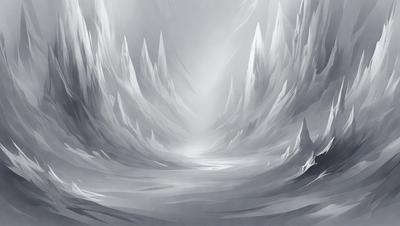 The primary subject of the image is a large, snowy mountain with a valley in the middle. The setting is a mountainous landscape with a white, snowy appearance. The visual style is a digital art or illustration, creating a sense of depth and dimension. The dominant colors are white and gray, giving the scene a cold and serene atmosphere.
