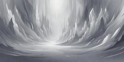 The primary subject of the image is a large, dark, and rocky mountain. The setting is a snowy, icy landscape with a sense of depth and vastness. The visual style is a digital art or illustration, creating a dramatic and captivating scene. The dominant colors are shades of gray, black, and white, giving the image a moody and chilly atmosphere.